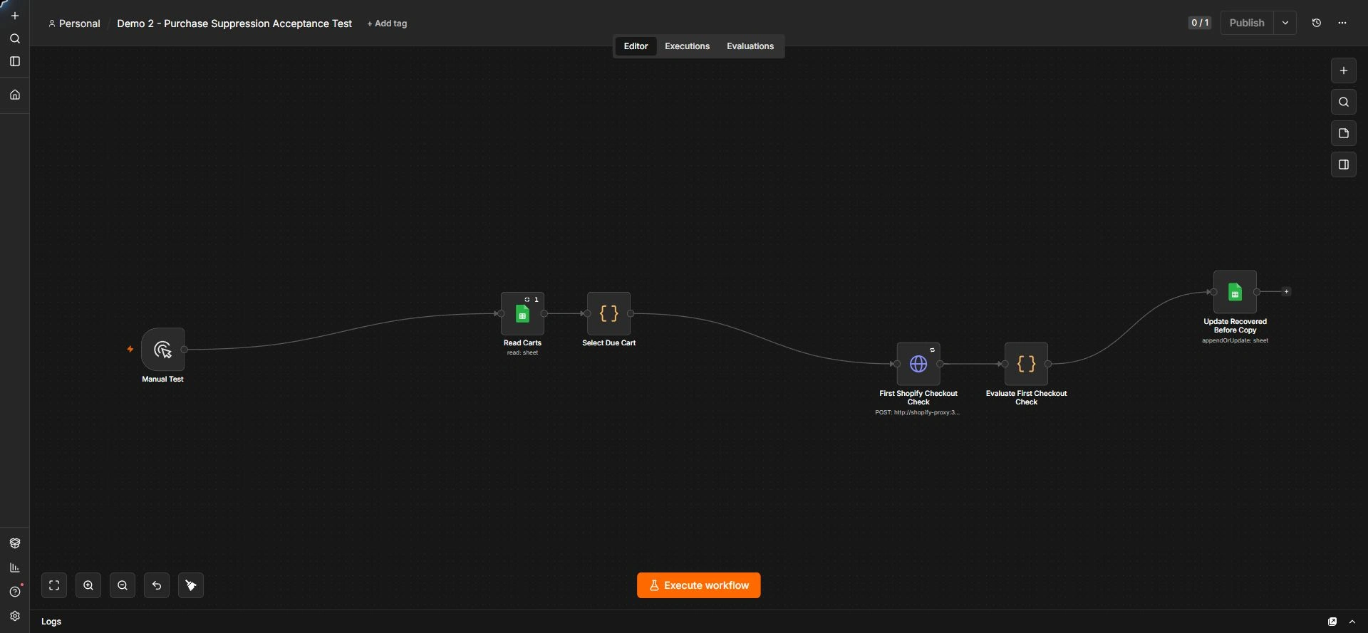 The real n8n purchase-suppression test ending at Update Recovered Before Copy.