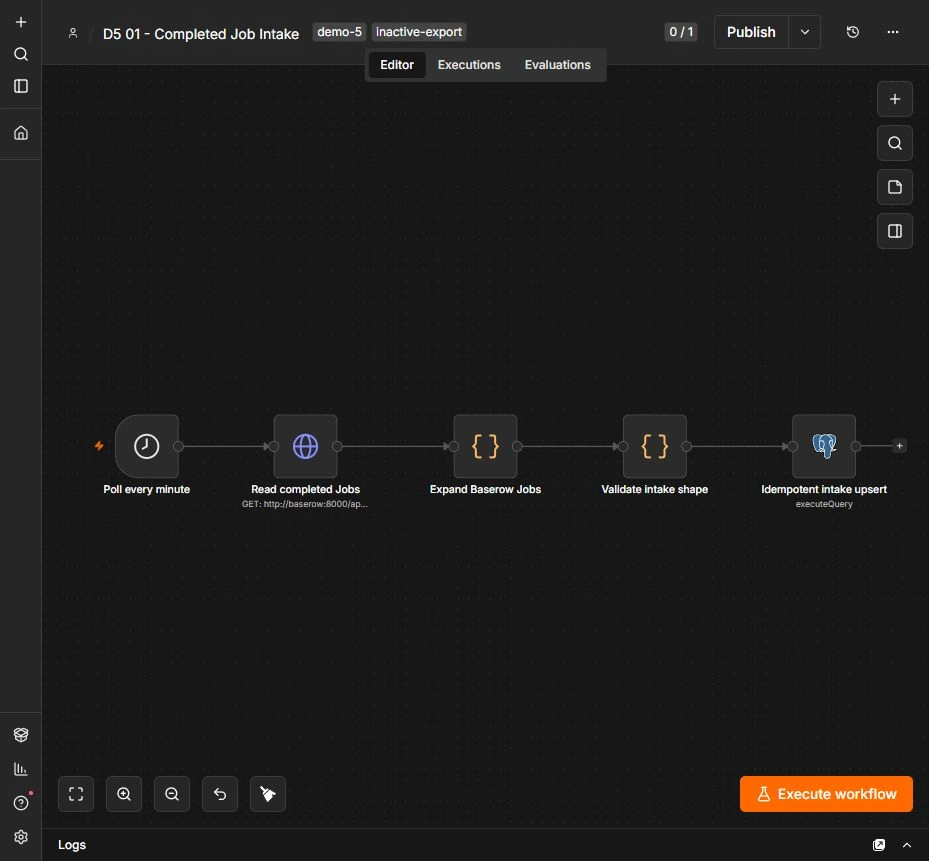 The inactive n8n completed-job intake workflow reading private Baserow jobs, validating shape, and writing an idempotent PostgreSQL record.