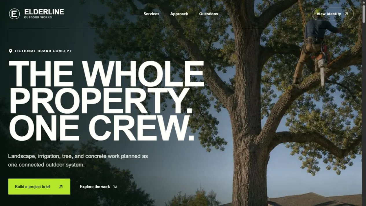The Elderline Outdoor Works homepage with a full-width tree-service photograph and the headline The whole property. One crew.